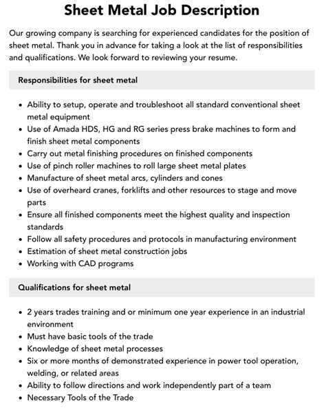 sheet metal fabrication management duties|hvac sheet metal job description.